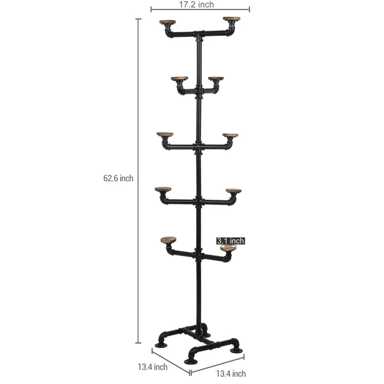 10-Hook Industrial Black Metal Pipe & Wood Hat Tree Stand