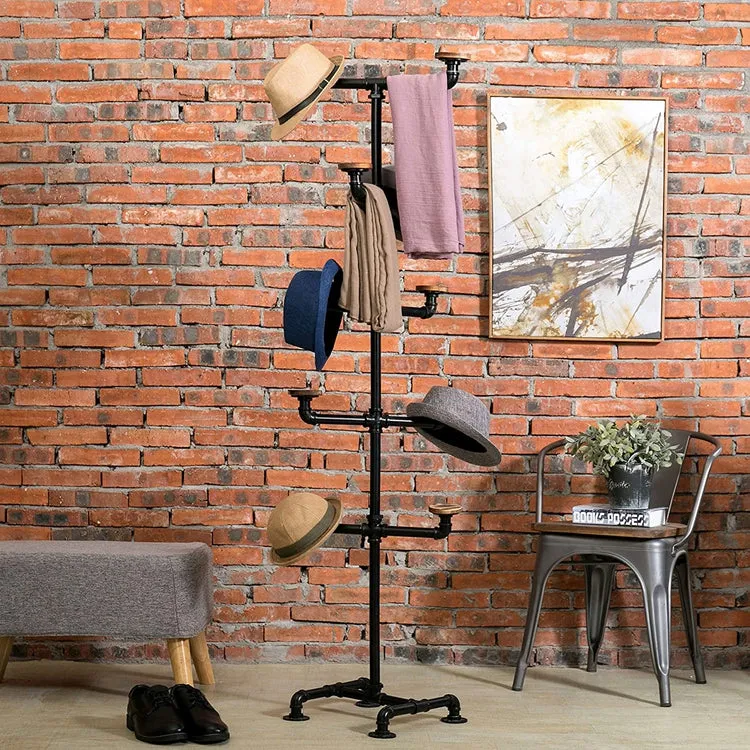 10-Hook Industrial Black Metal Pipe & Wood Hat Tree Stand