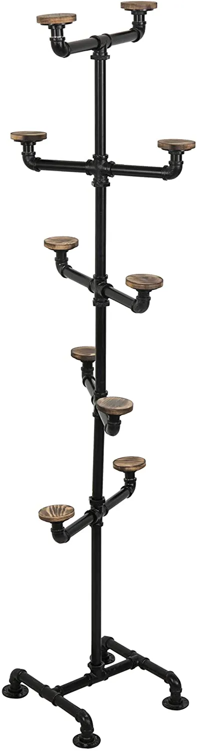 10-Hook Industrial Black Metal Pipe & Wood Hat Tree Stand