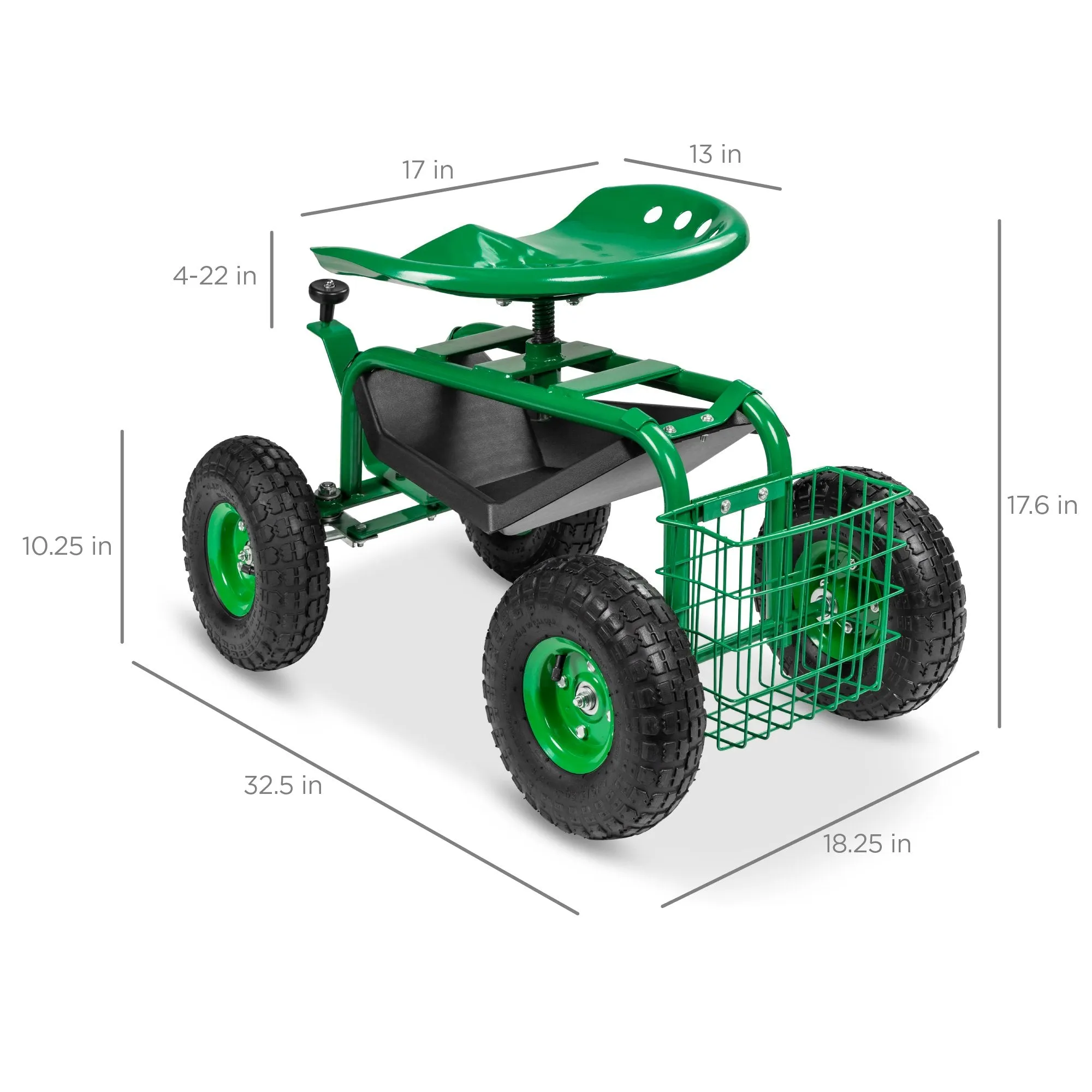 4-Wheel Mobile Rolling Garden Work Seat w/ Tool Tray and Basket