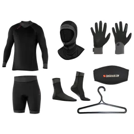 BARE Men's Exowear Top, Shorts, Hoods, Gloves, Socks Package w/ FREE Wetsuit Hanger & Mask Strap