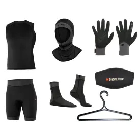 BARE Men's Exowear Vest, Shorts, Hoods, Gloves, Socks Package w/ FREE Wetsuit Hanger & Mask Strap