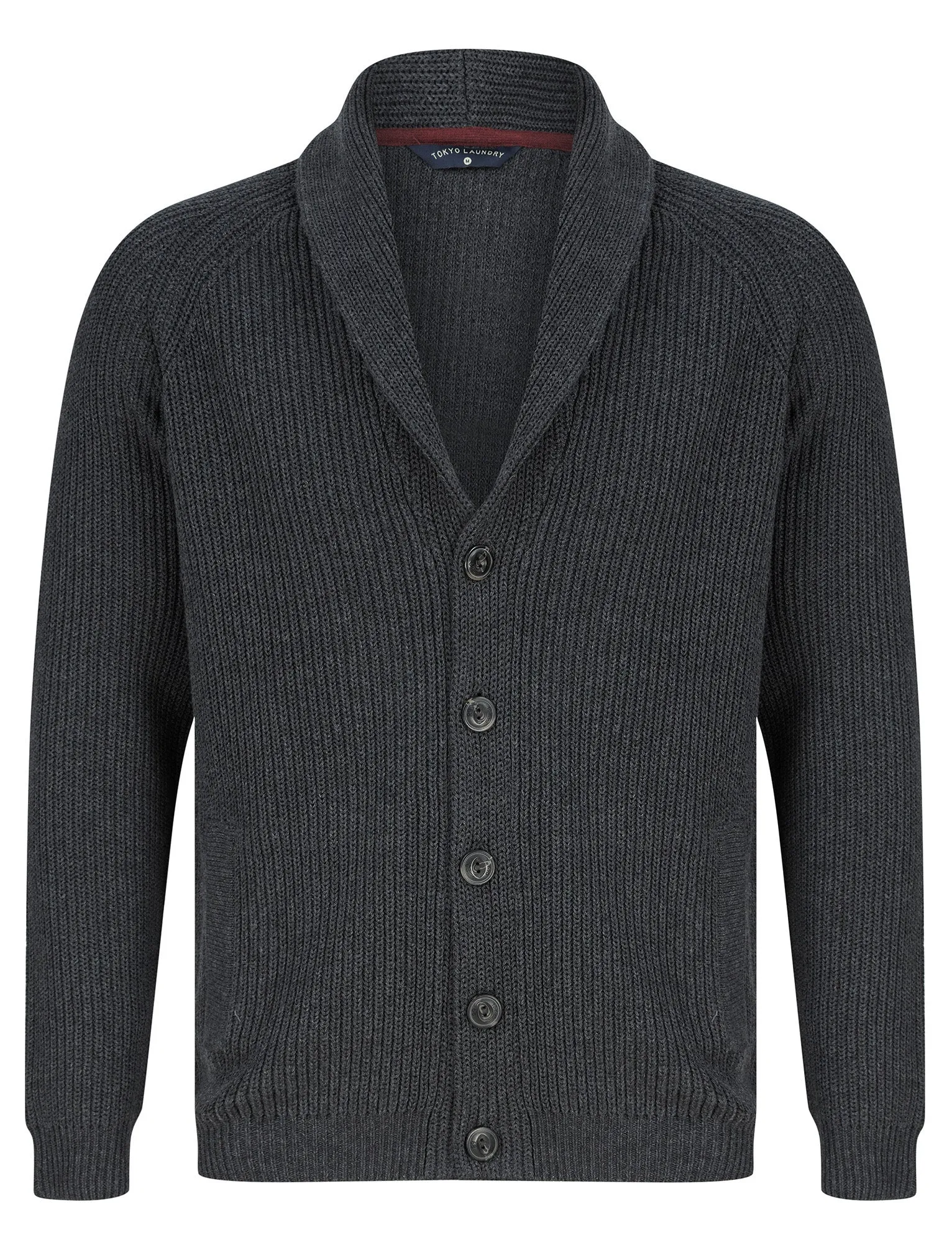 Biel Rib Knit Cotton Rich Shawl Neck Cardigan in Charcoal Marl - Tokyo Laundry