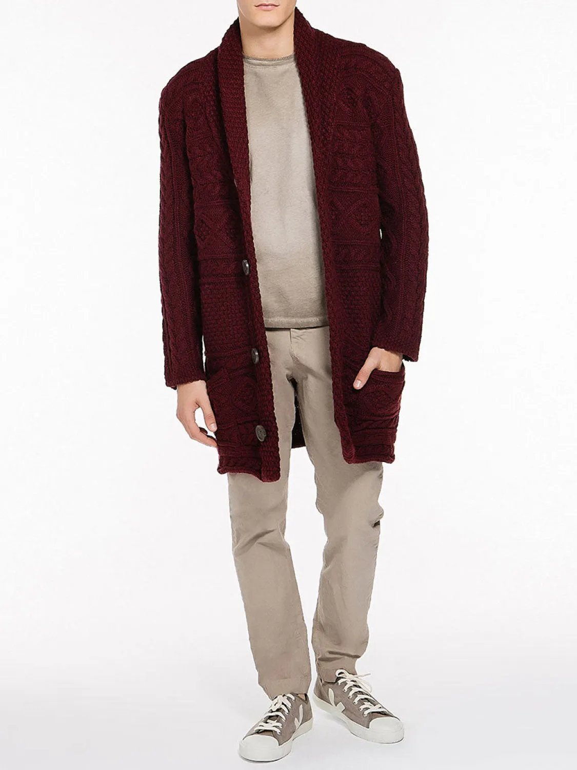 Button Front Shawl Collar Wool Blend Cardigan Burgundy