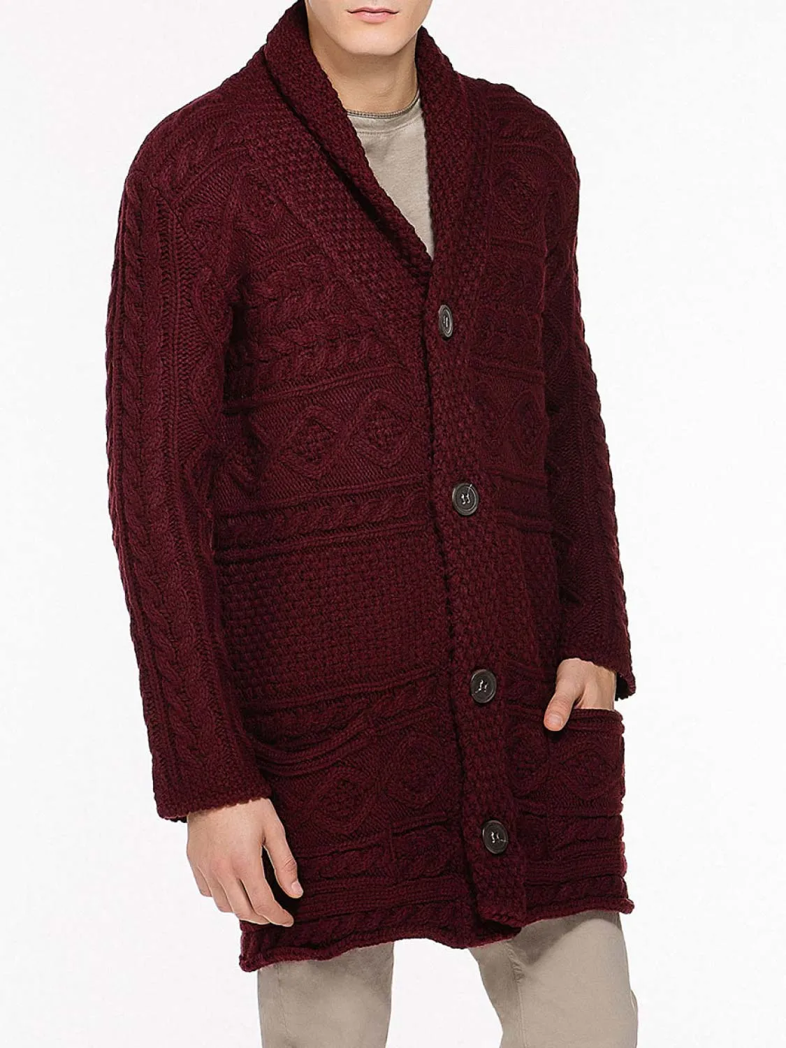 Button Front Shawl Collar Wool Blend Cardigan Burgundy