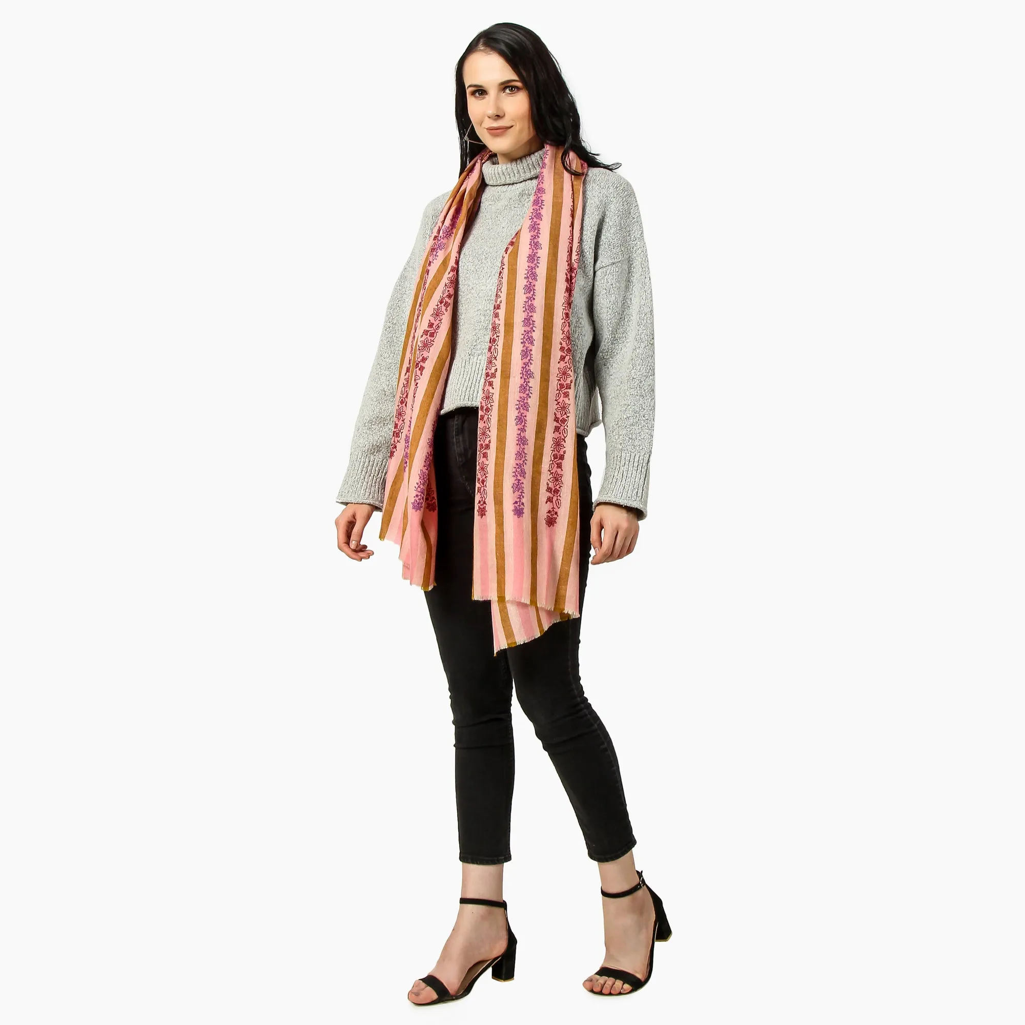 Cashmere Pashmina Stripes Embroidered Scarf