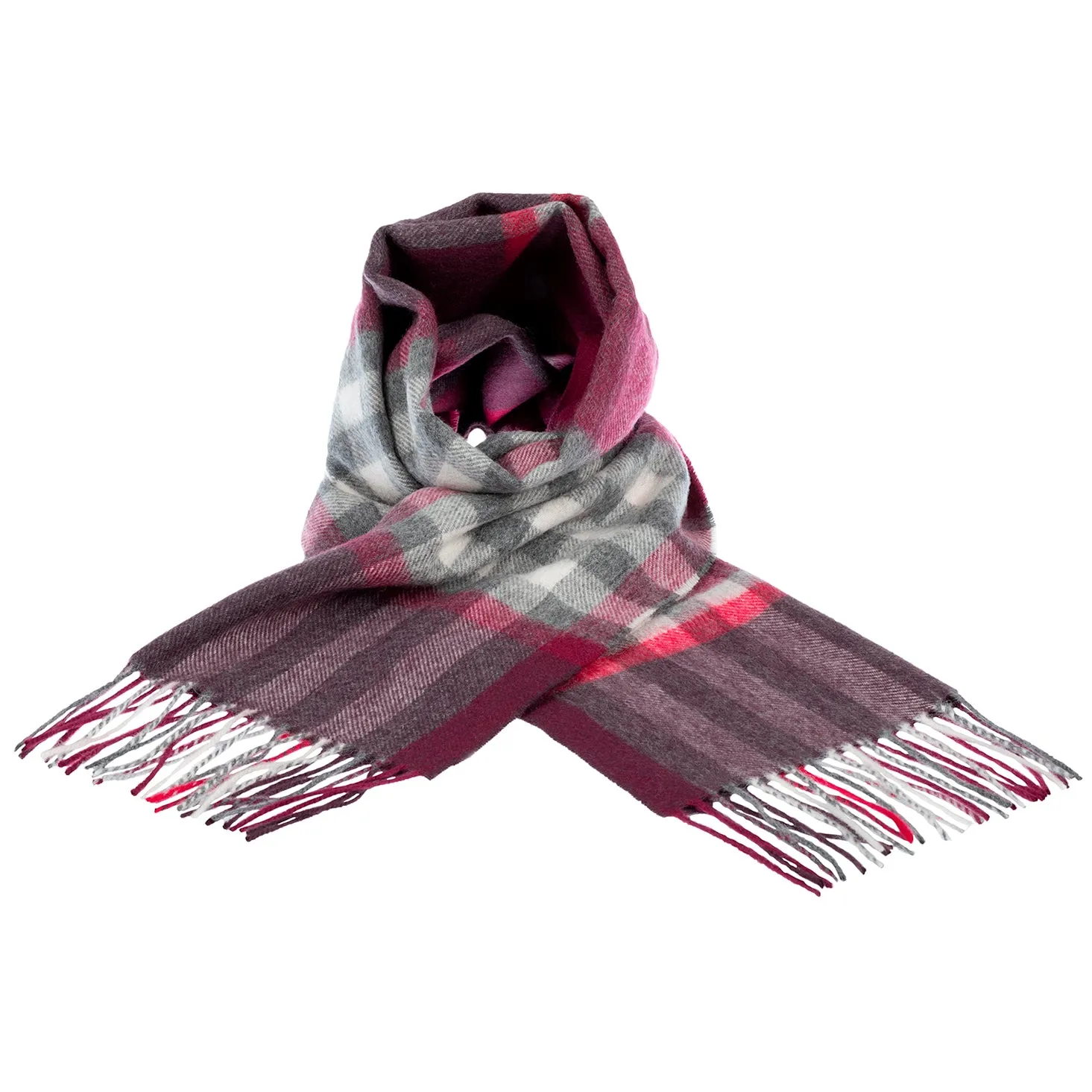 Chequer Tartan 90/10 Cashmere Scarf Bar  Damson