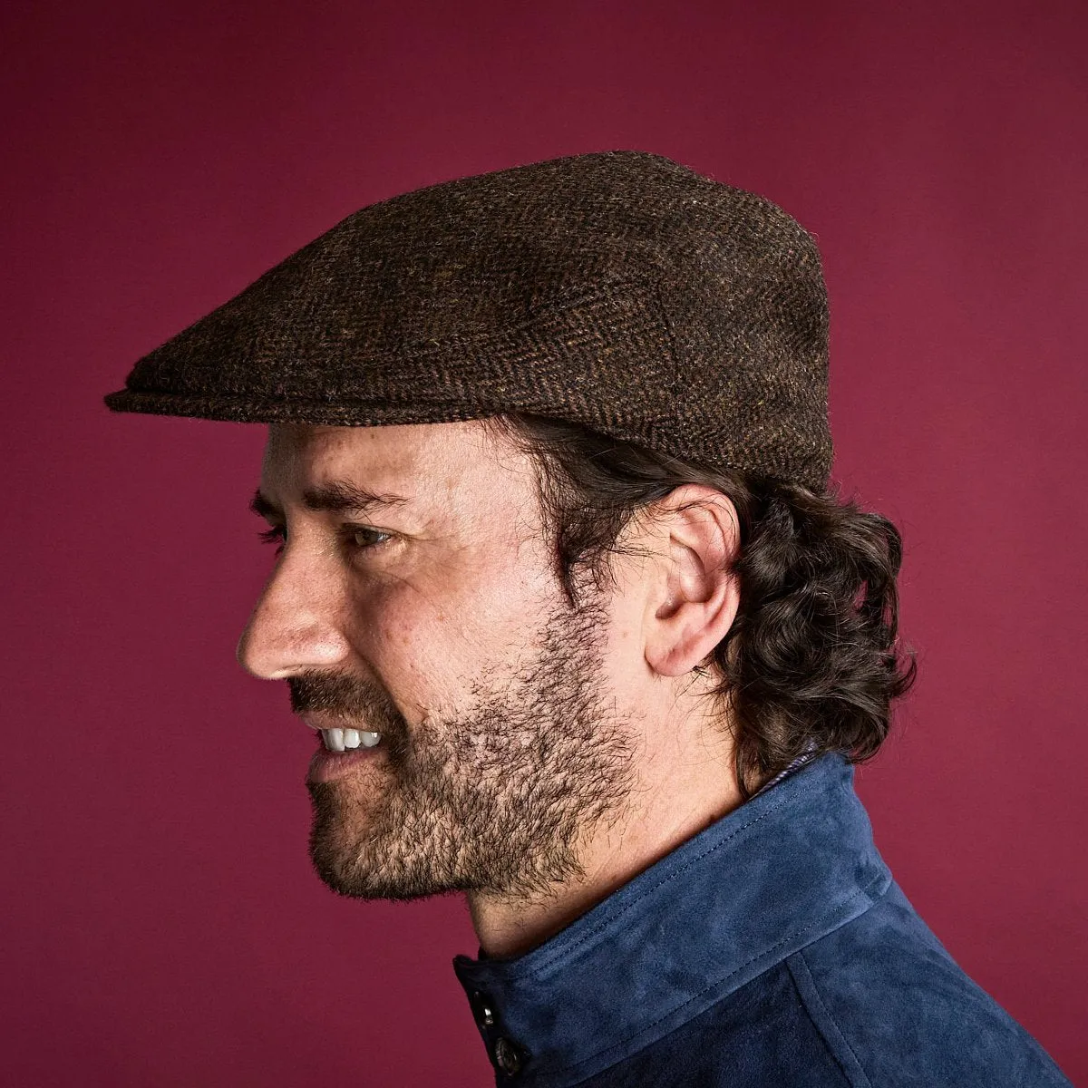 Chocolate Herringbone Wool Flat Cap