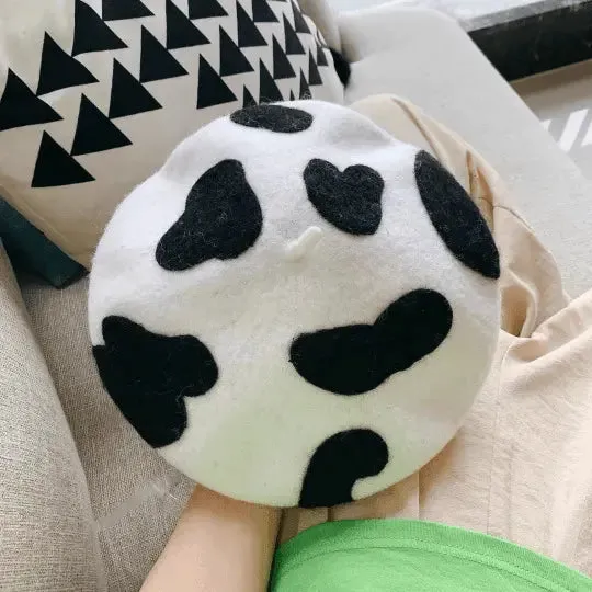 Classic Cow Print Wool Berets for Women and Kid