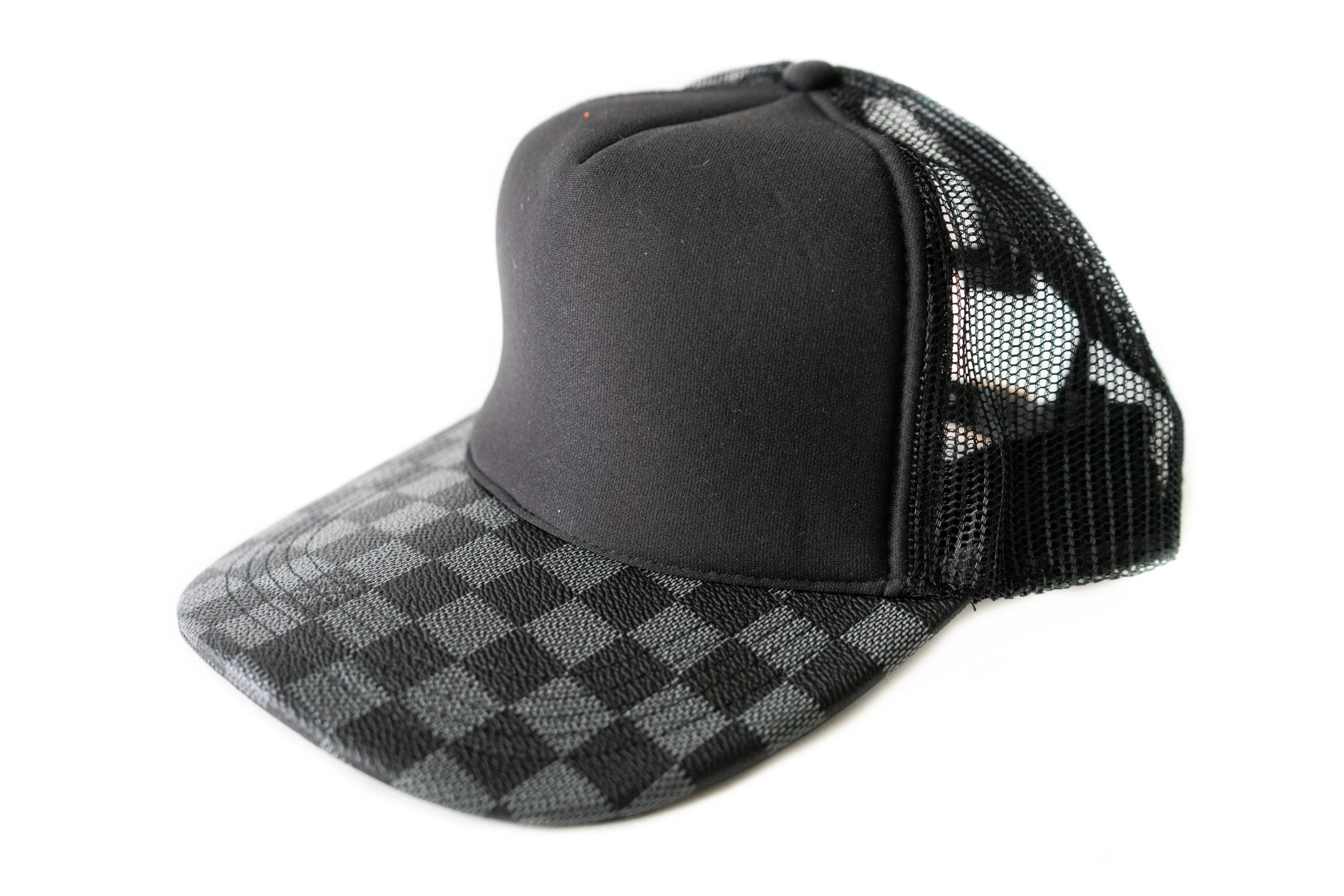 Custom All Black Checkered Louis Vuitton Trucker Hat Strapback