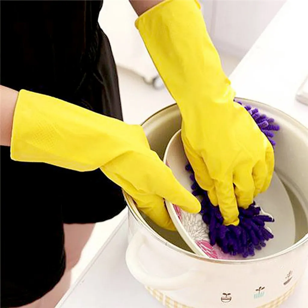 Flock Line Reusable Rubber Hand Gloves (Pair) - Yellow