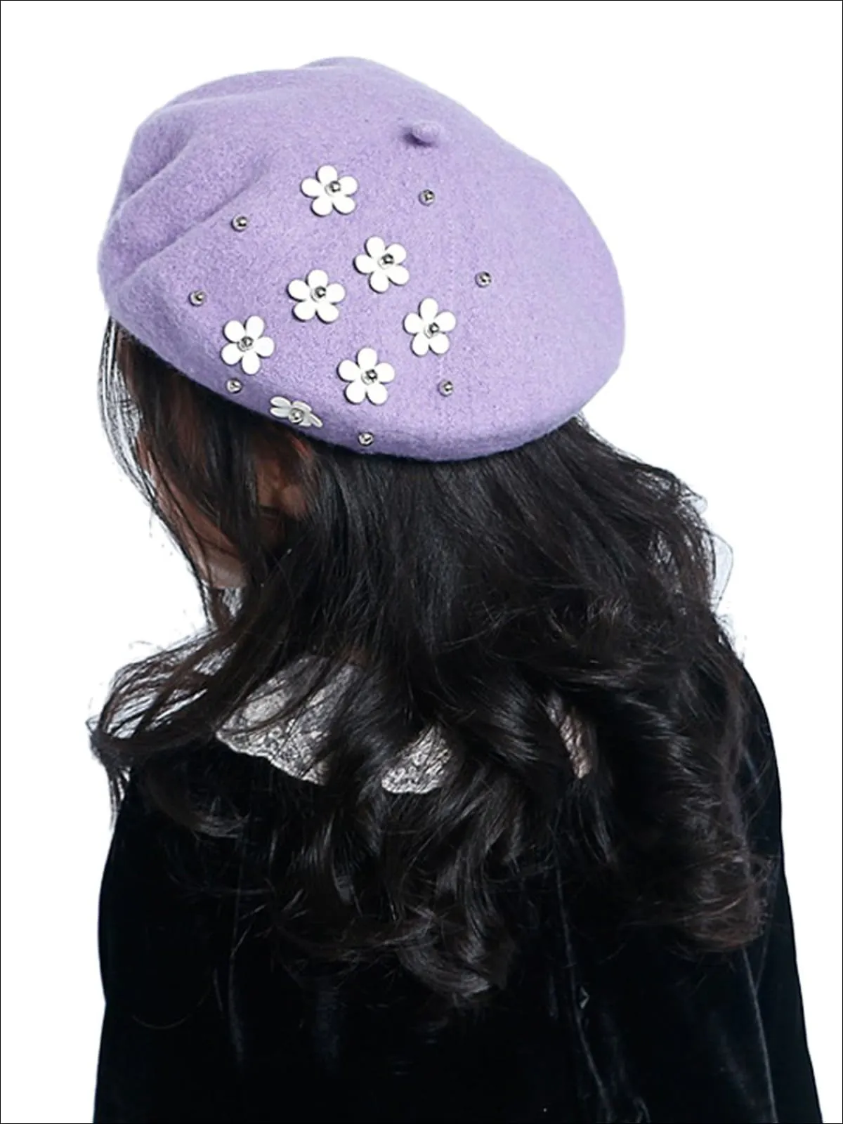 Girls Wool Flower Applique Parisian Style Beret (4 Color Options)