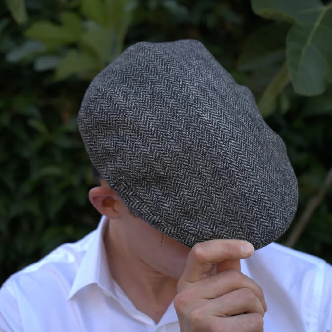 Grey Herringbone 100% Wool Tweed Golfing Ivy Flat Cap