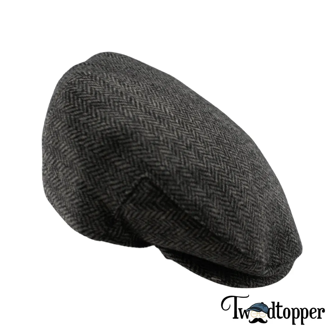 Grey Herringbone 100% Wool Tweed Golfing Ivy Flat Cap