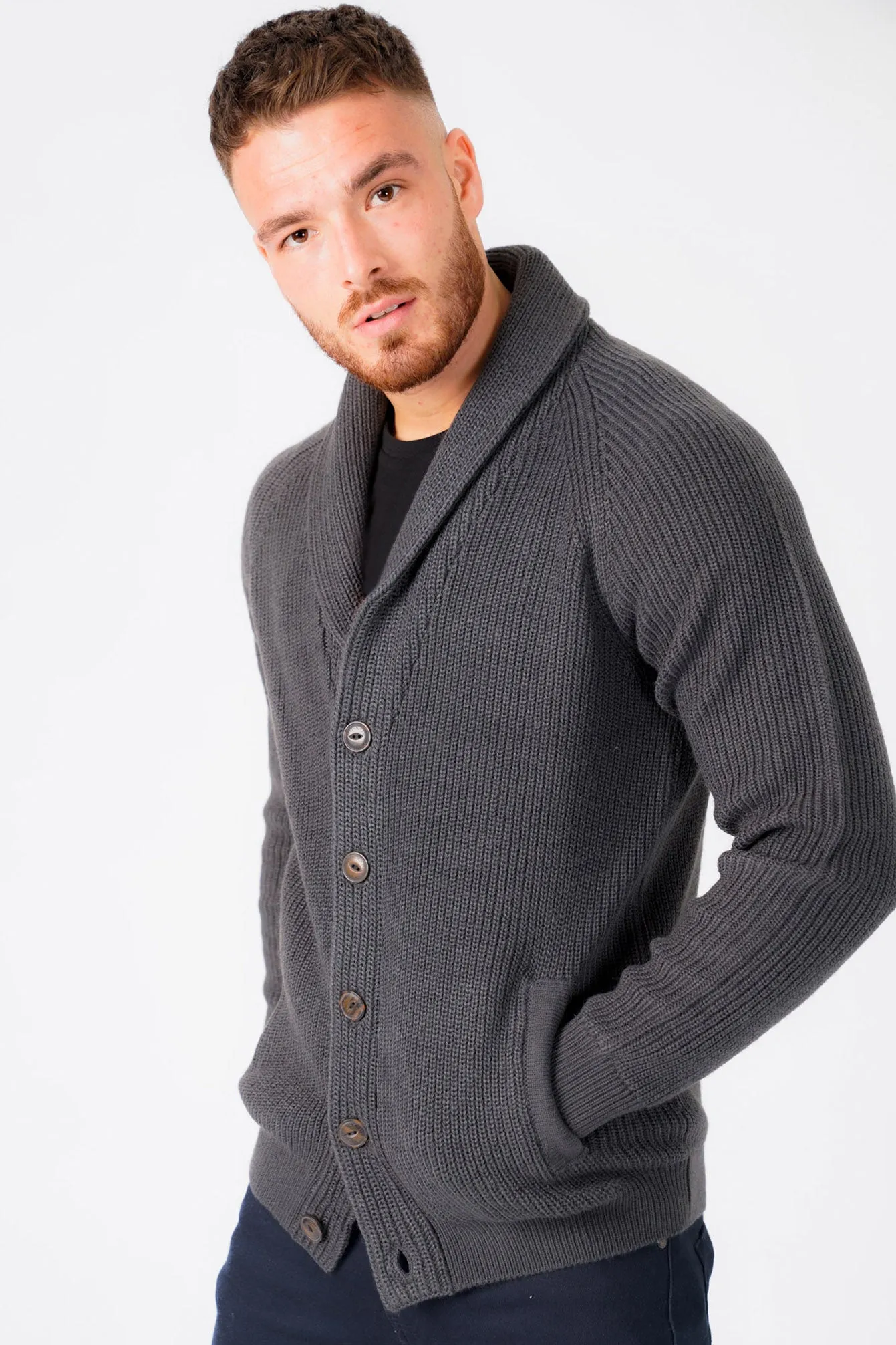 Hatton Wool Blend Shawl Neck Cardigan In Charcoal - Tokyo Laundry