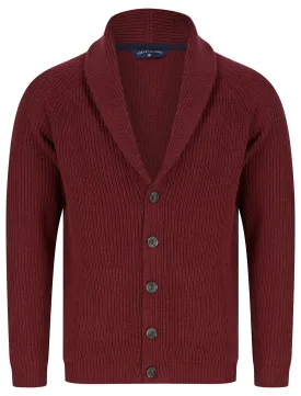 Hurd Rib Knit Cotton Rich Shawl Neck Cardigan in Claret - Tokyo Laundry