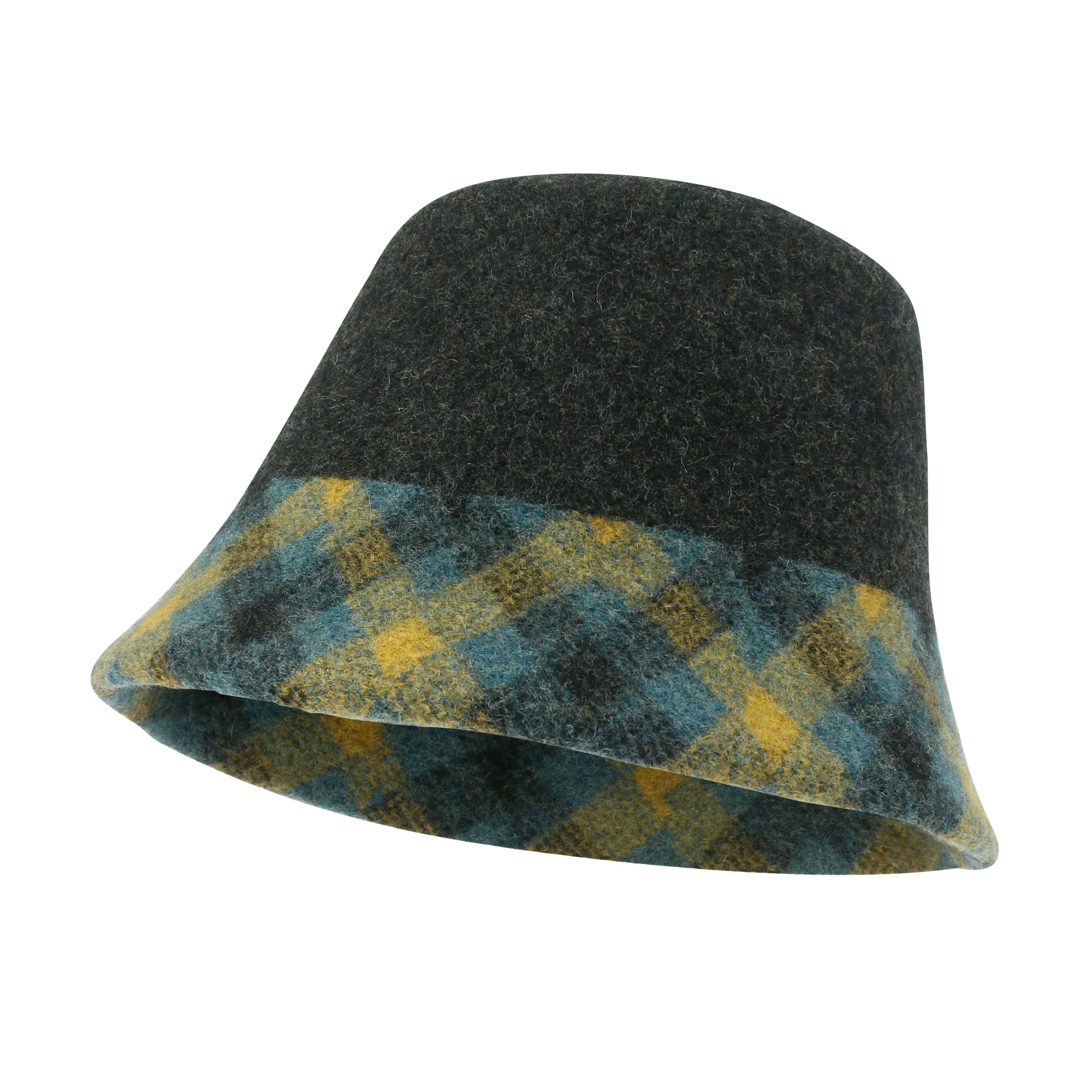 ililily Plaid Pattern Brim Knitted Wool Fedora Colorful Winter Bucket Hat