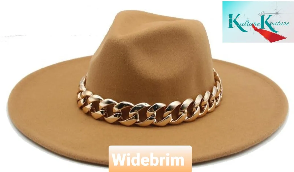 Khaki Wide Brim  Unisex Cuban Link Fedora Hat