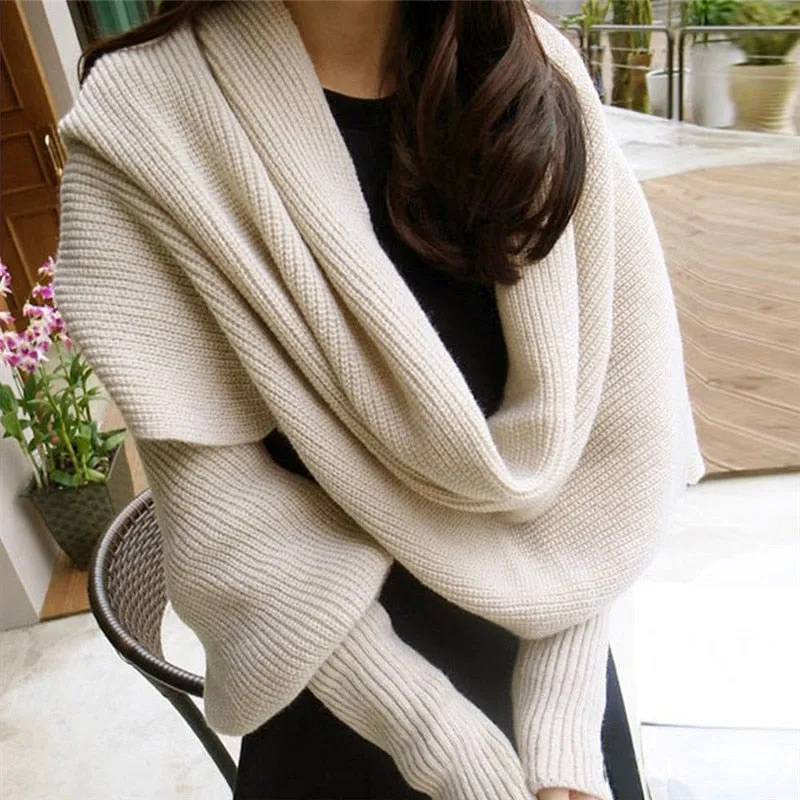 Knit Long Sleeve Winter Shawl Scarf for Fashionable Women