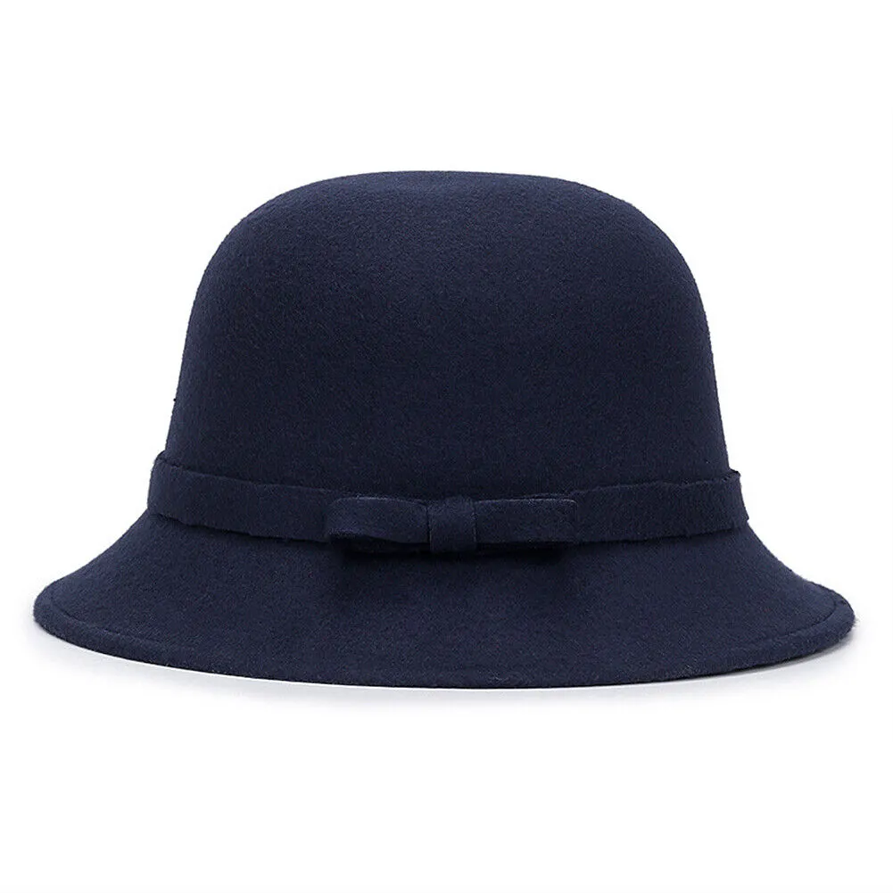 Magik Women Lady Vintage Wool Round Fedora Bow Cloche Derb Felt Bowler Cap Hat