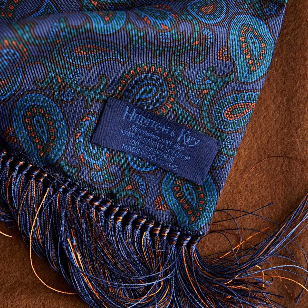 Navy & Green Paisley Silk & Cashmere Scarf