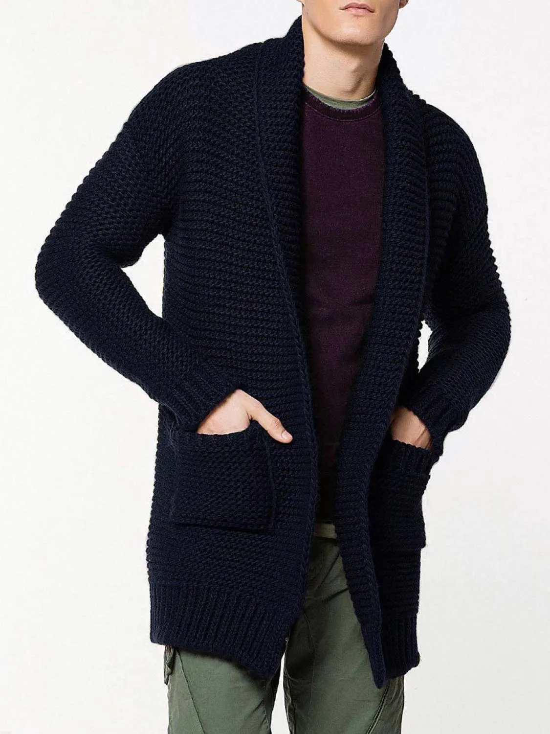 Oversized Shawl Collar Wool Blend Cardigan Navy Blue