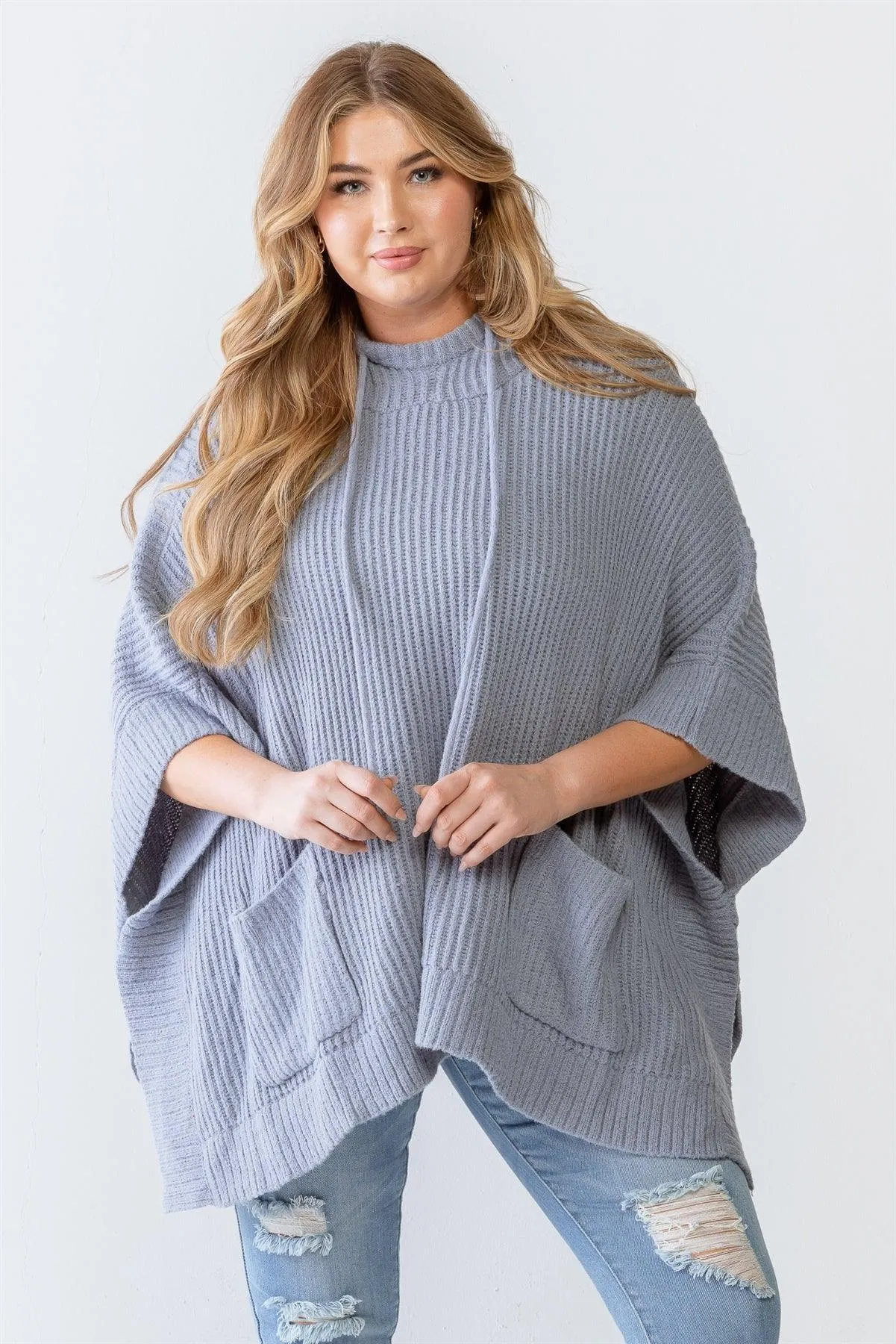 Plus Size Denim Knit Two Pocket Hooded Poncho