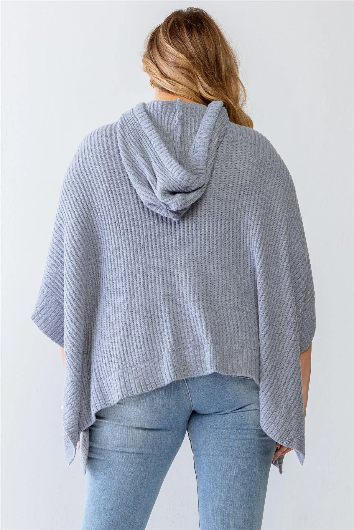 Plus Size Denim Knit Two Pocket Hooded Poncho