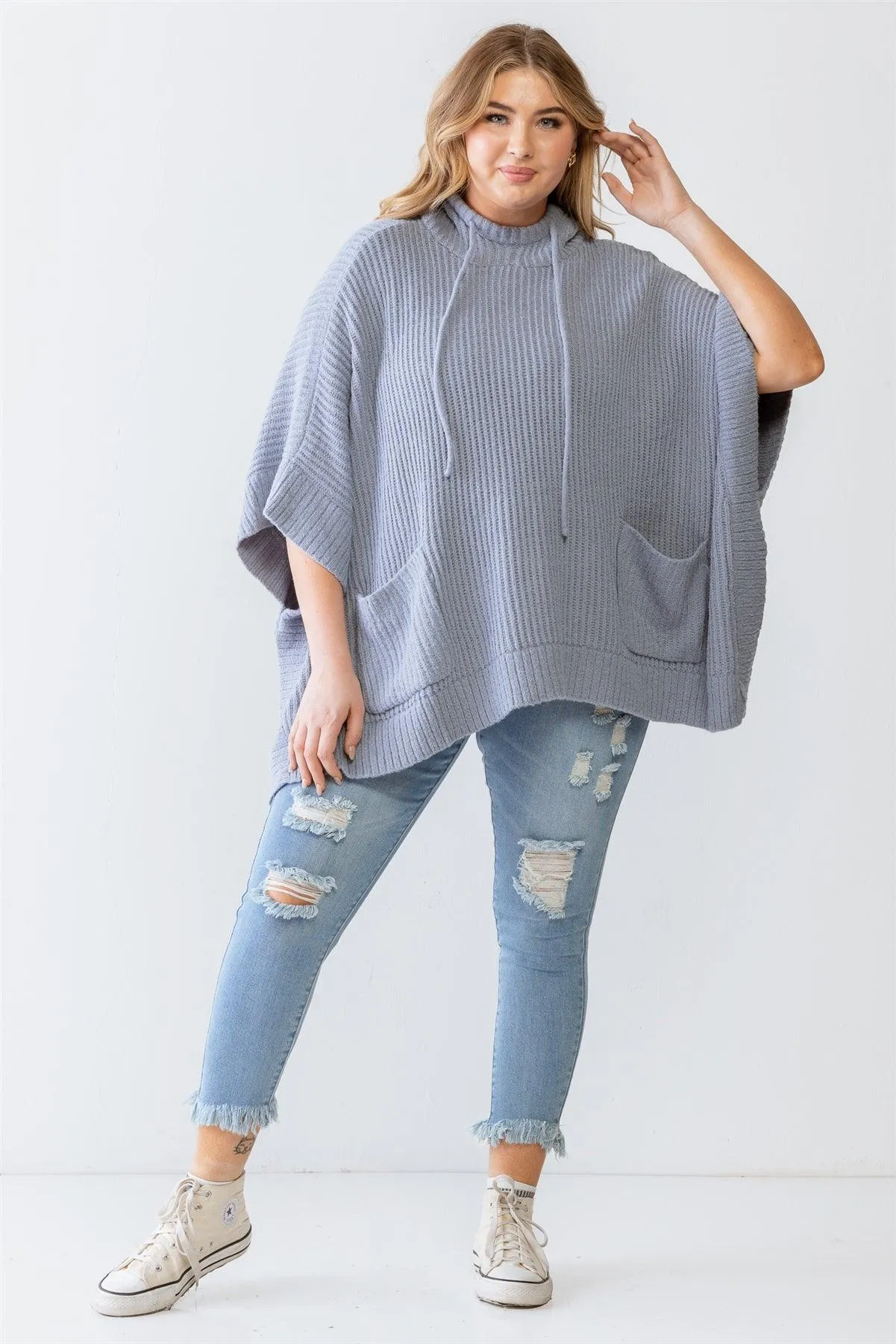 Plus Size Denim Knit Two Pocket Hooded Poncho