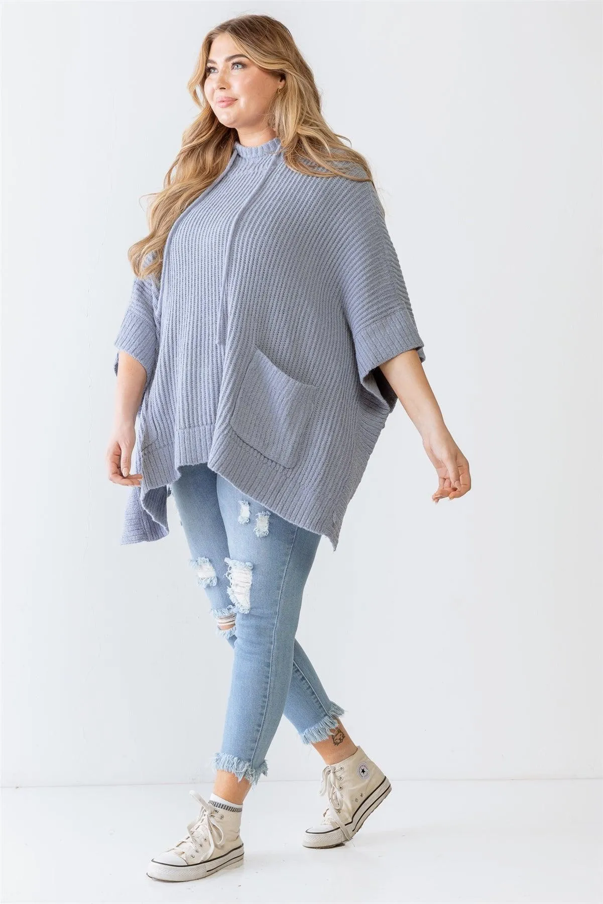 Plus Size Denim Knit Two Pocket Hooded Poncho