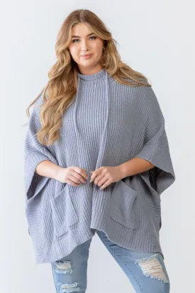 Plus Size Knit Two Pocket Hooded Poncho /3-2-1