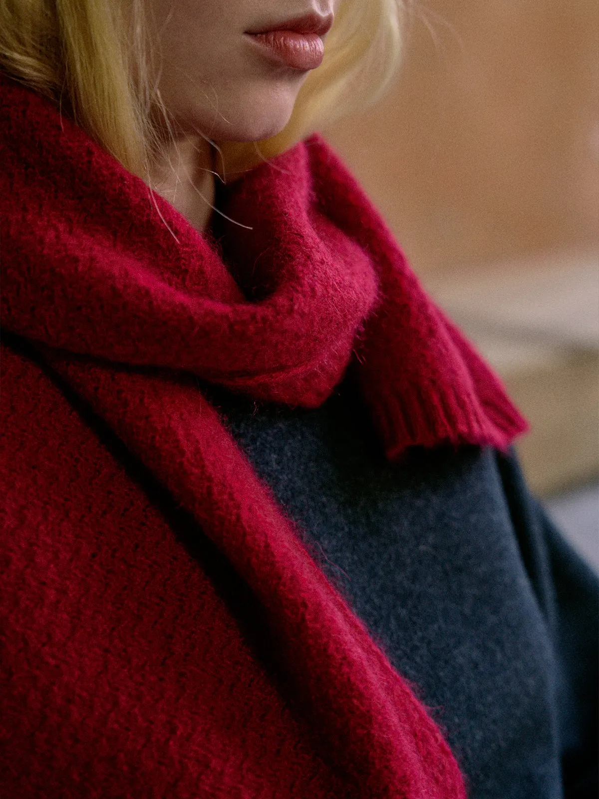 "Warmth Whisper" Waffle Knit Cashmere Scarf - Red