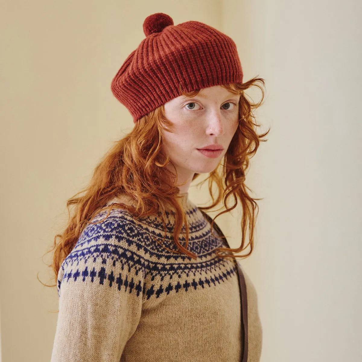 Ribbed Beret with Pom Pom - Sienna