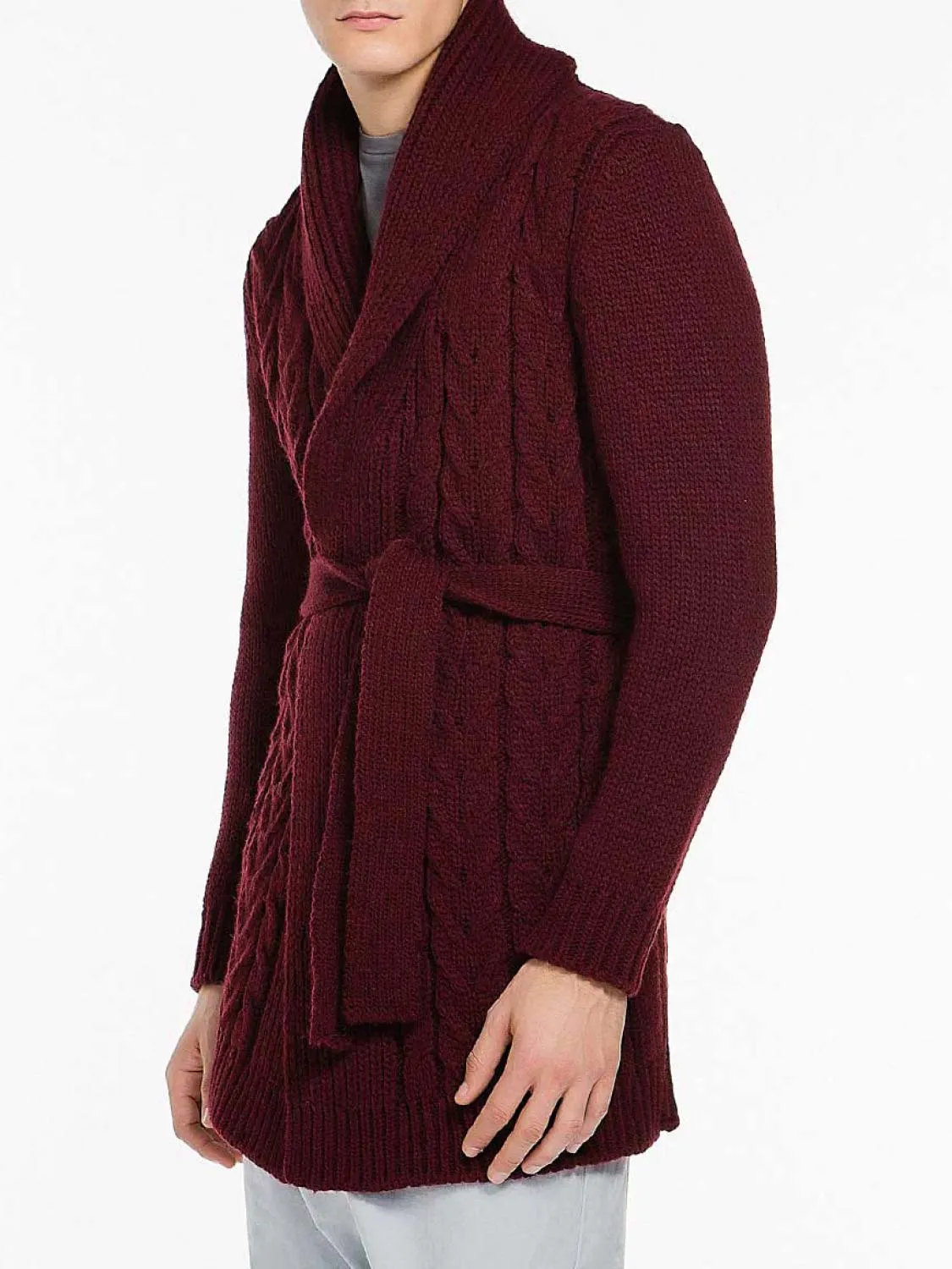 Shawl Collar Wool Blend Belted Cardigan Burgundy