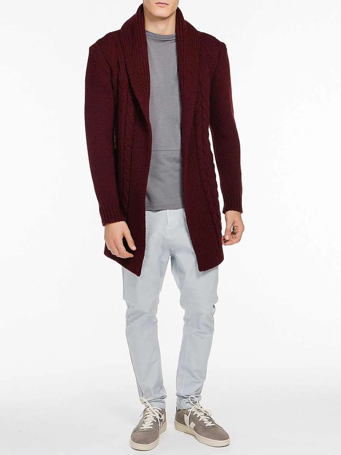 Shawl Collar Wool Blend Belted Cardigan Burgundy