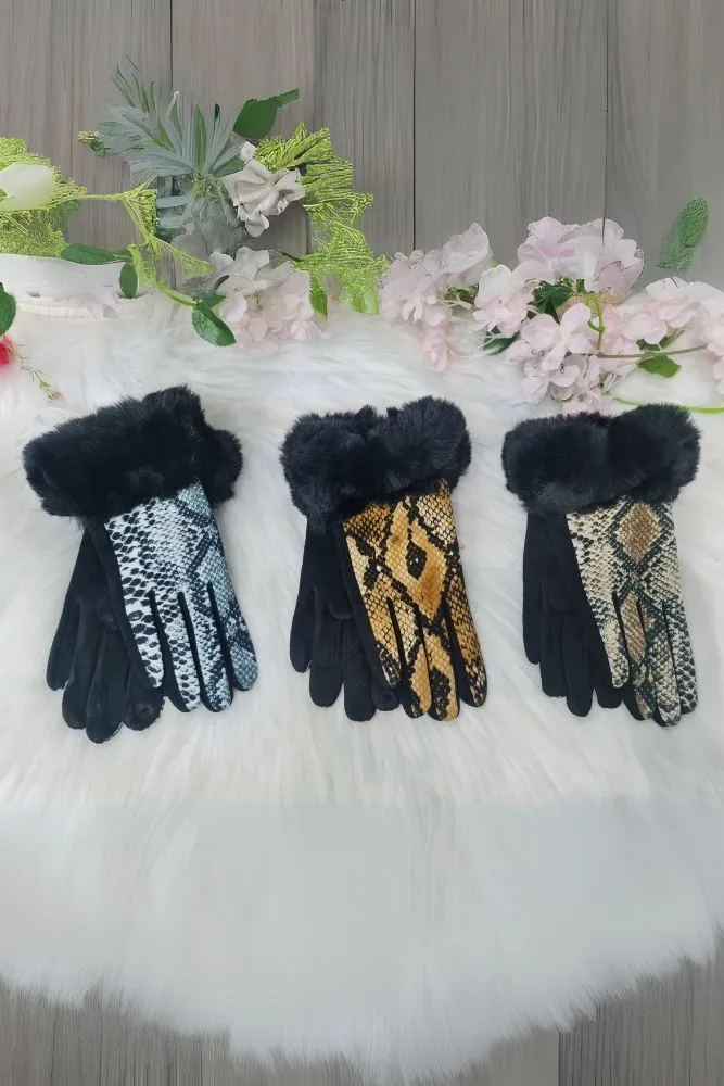 Snake Print Faux Fur Gloves