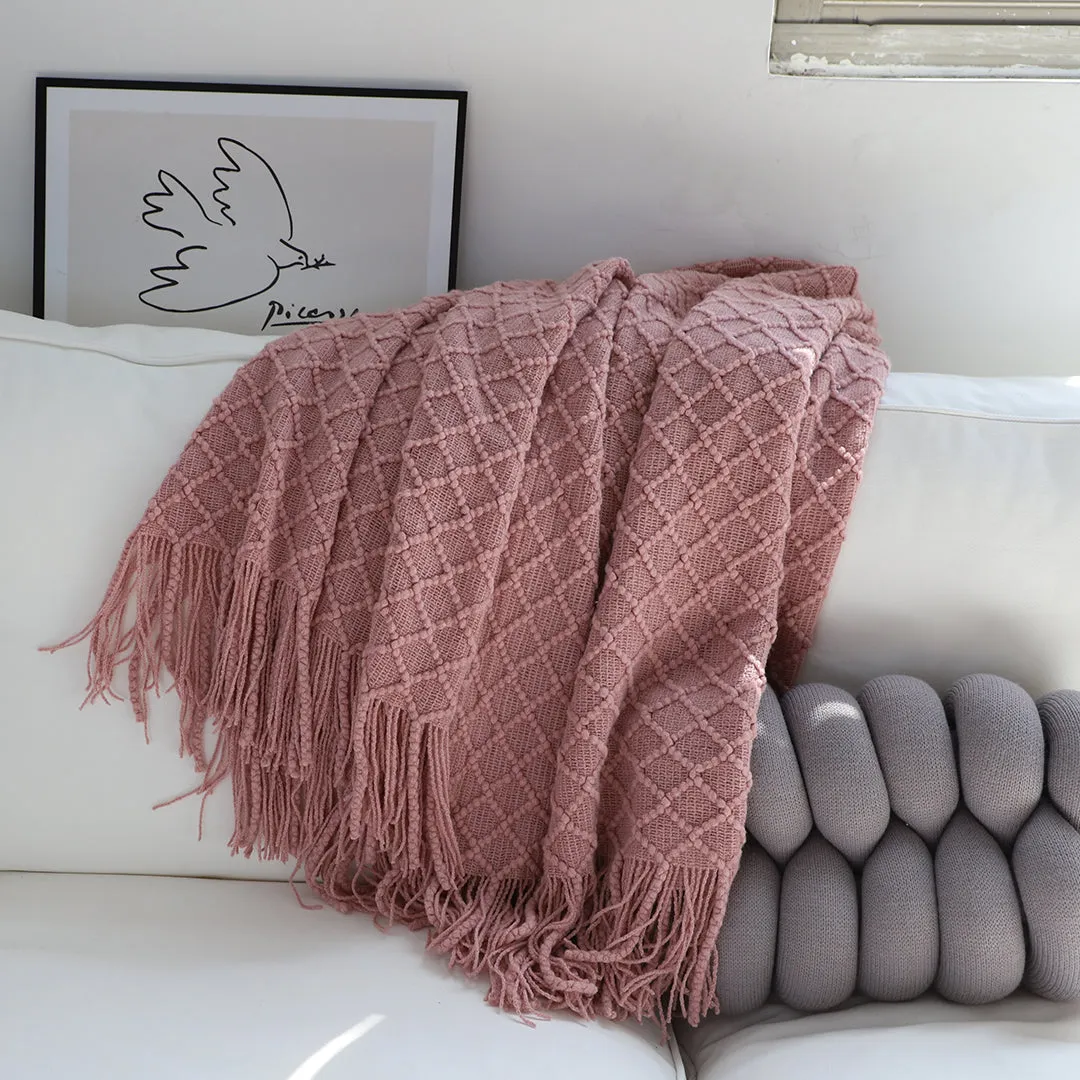 SOGA Pink Diamond Pattern Knitted Throw Blanket Warm Cozy Woven Cover Couch Bed Sofa Home Decor with Tassels