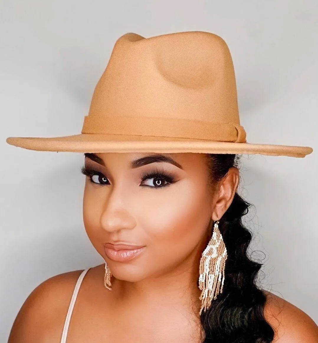 Still Trending | Wide Brim Panama Felt Fedora Hat with Band - Camel