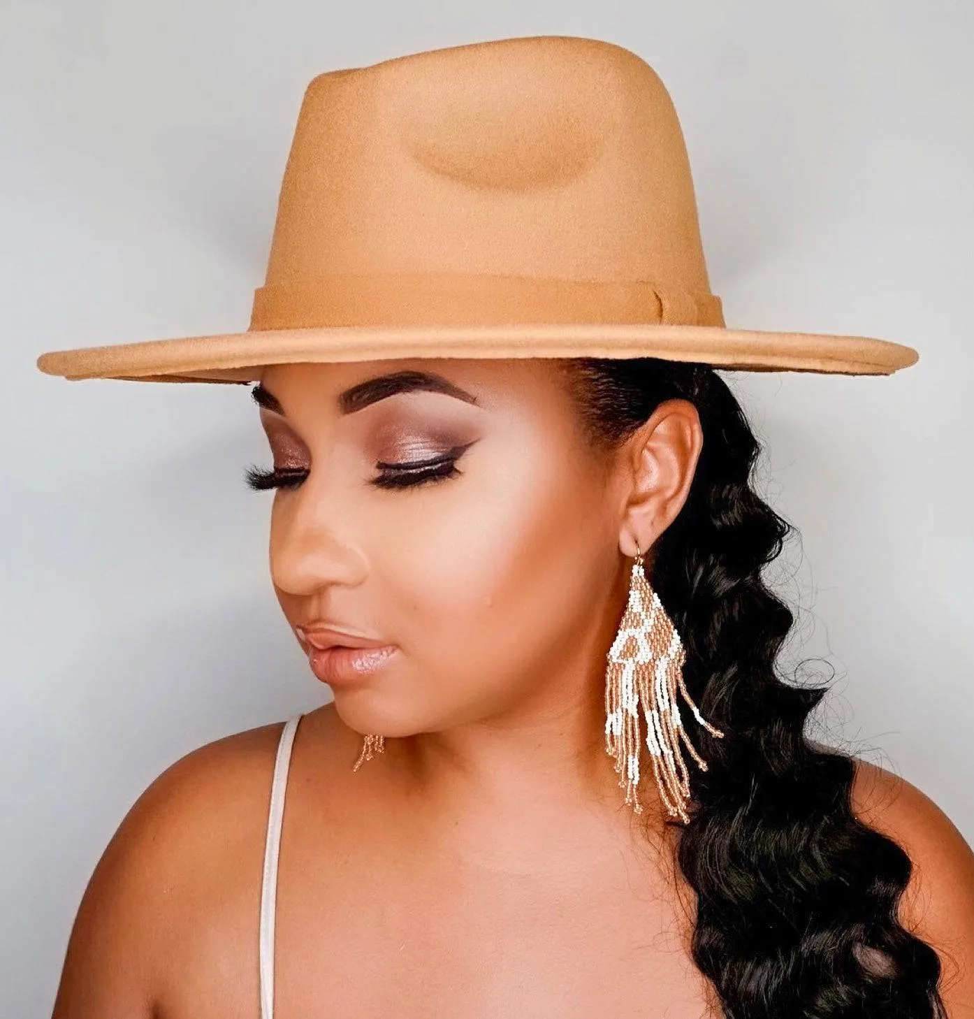 Still Trending | Wide Brim Panama Felt Fedora Hat with Band - Camel