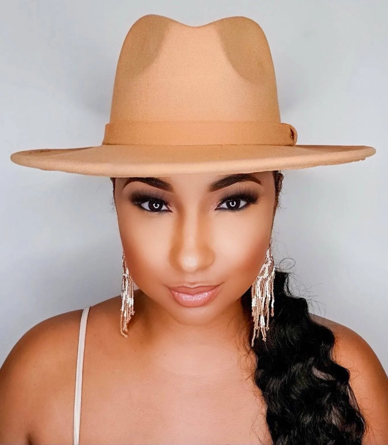 Still Trending | Wide Brim Panama Felt Fedora Hat with Band - Camel