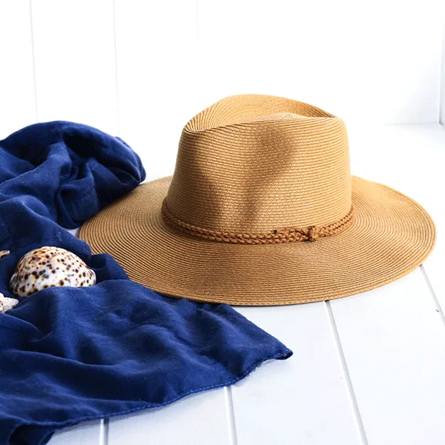 Sundaise Rachael Wide Brim Packable Fedora - Caramel