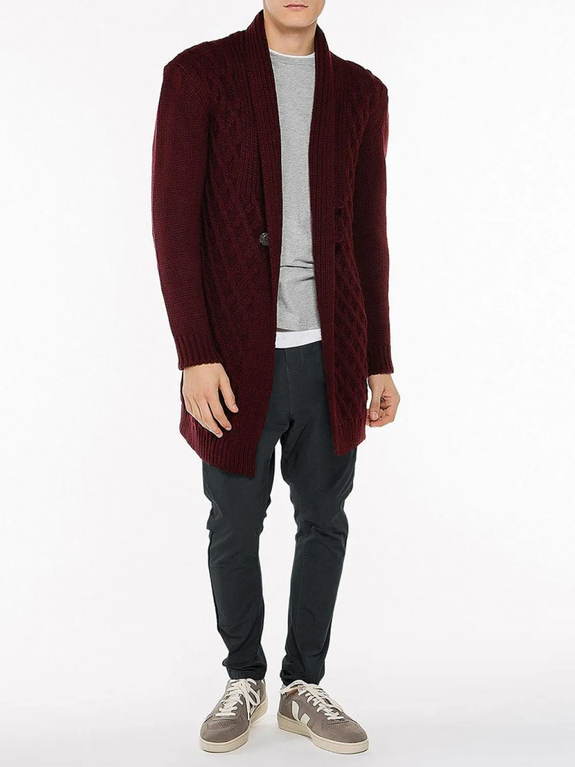 Two Button Shawl Collar Wool Blend Cardigan Burgundy