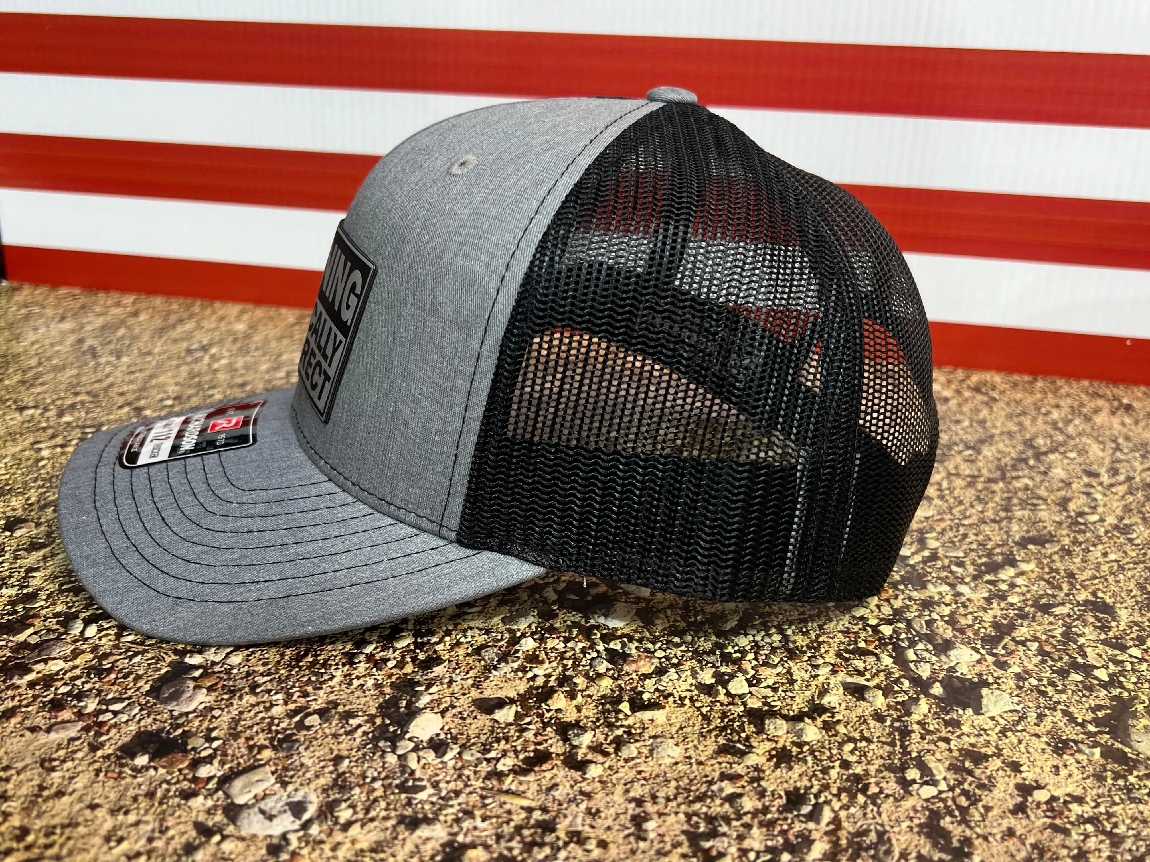 WARNING Politically Incorrect Hat with Laser Engraved Premium Leatherette Patch on a Richardson 112 Trucker Hat.