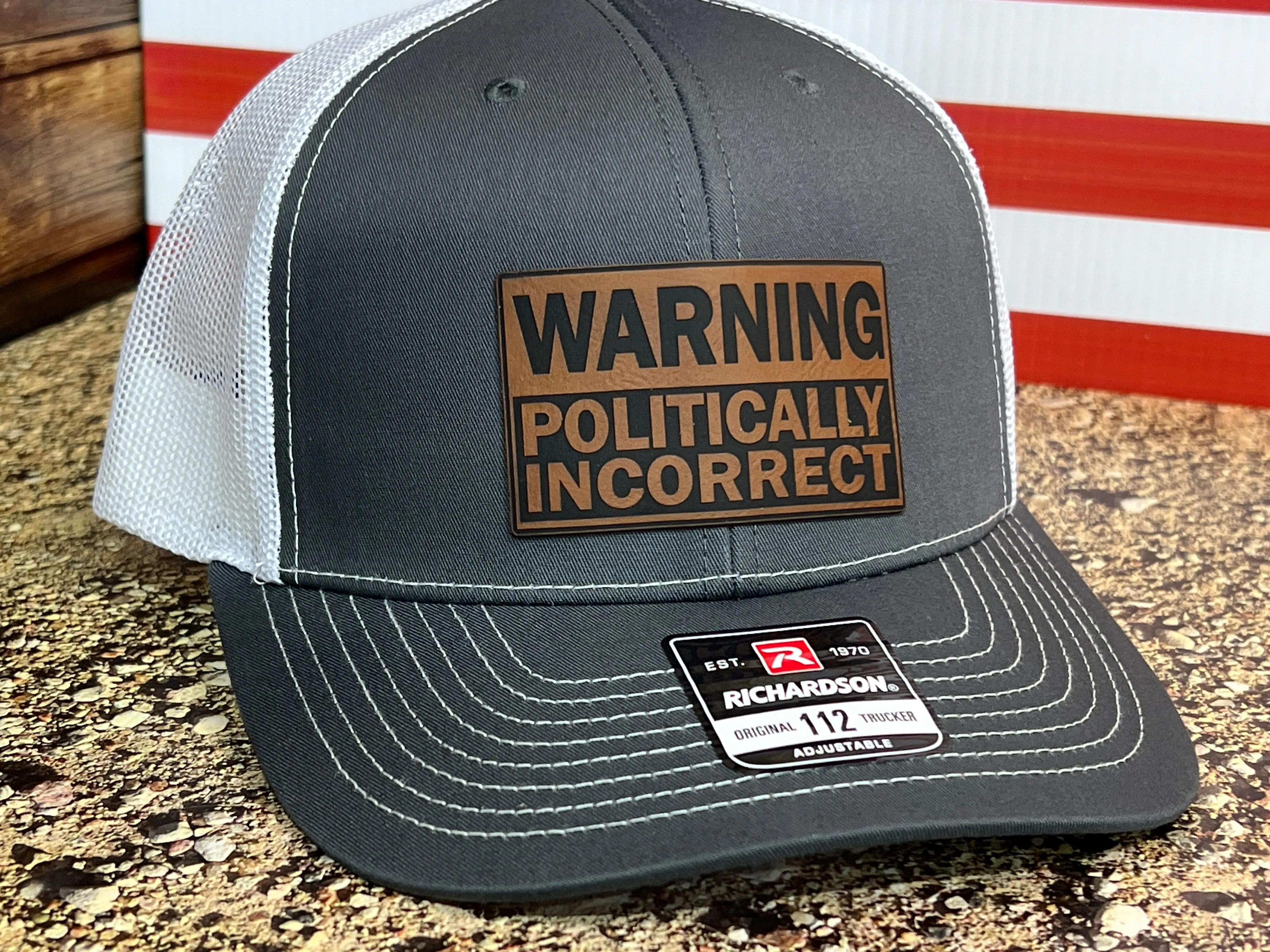 WARNING Politically Incorrect Hat with Laser Engraved Premium Leatherette Patch on a Richardson 112 Trucker Hat.