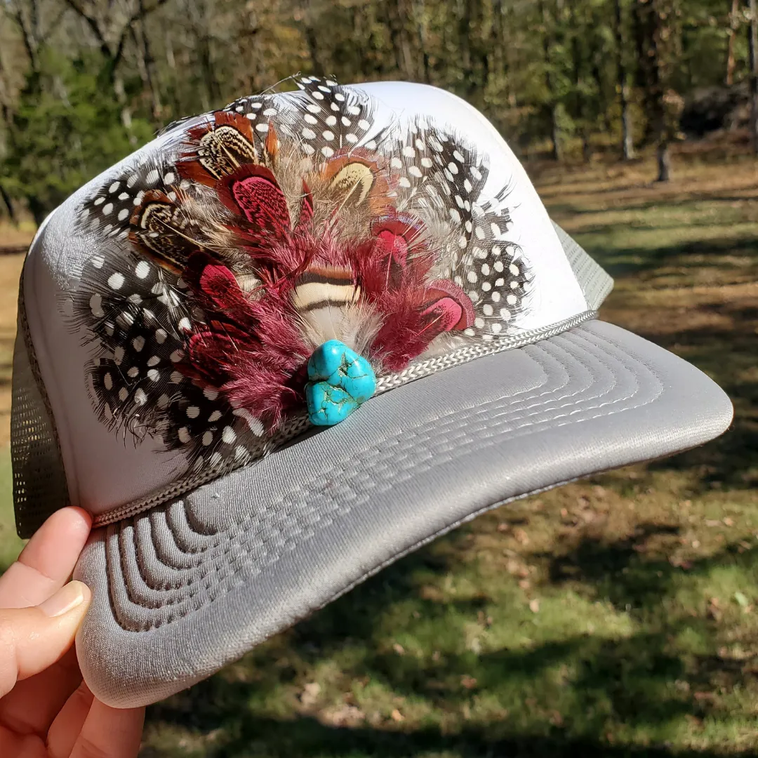 Western Feather Crown Trucker Hat: Grey