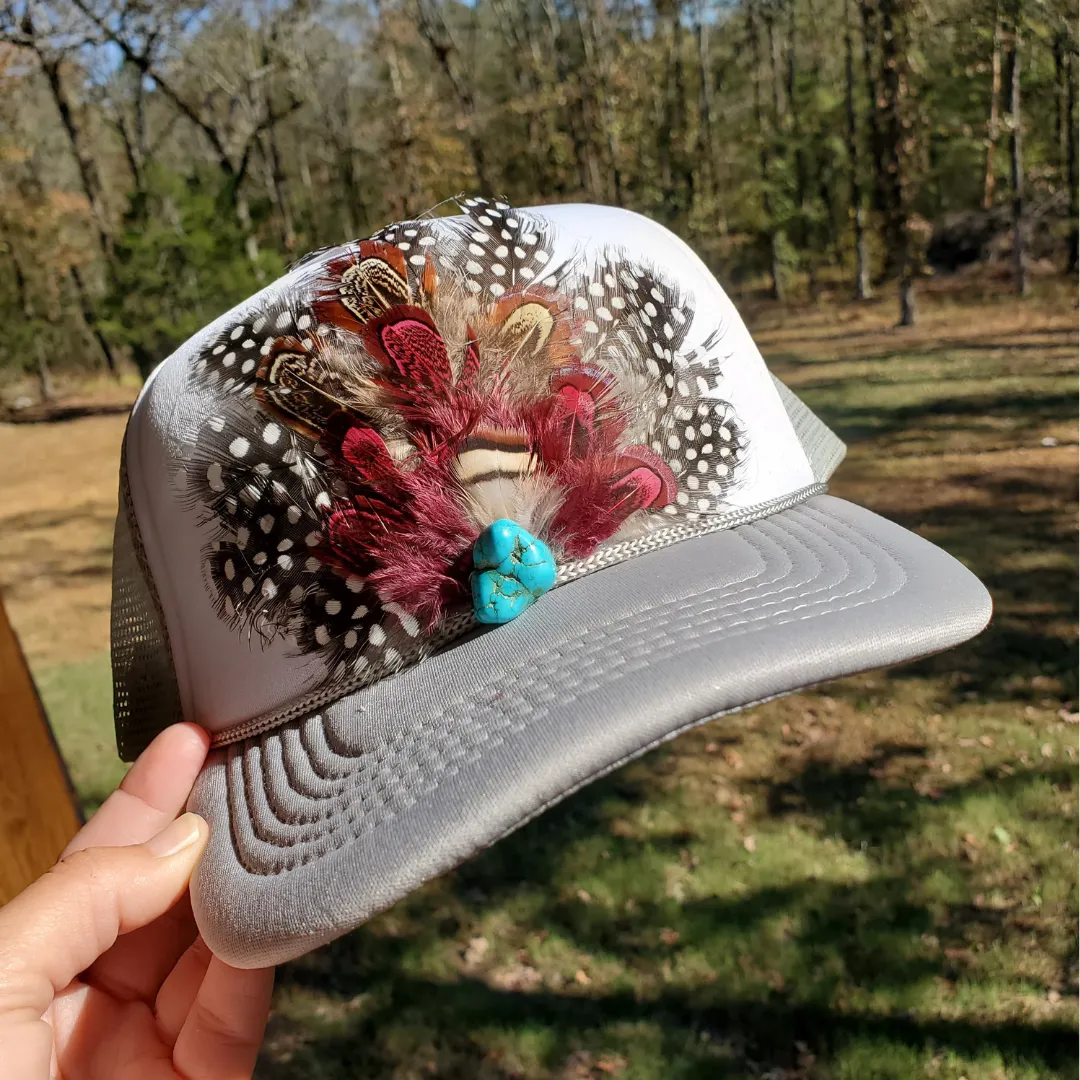 Western Feather Crown Trucker Hat: Grey