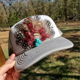 Western Feather Crown Trucker Hat: Grey