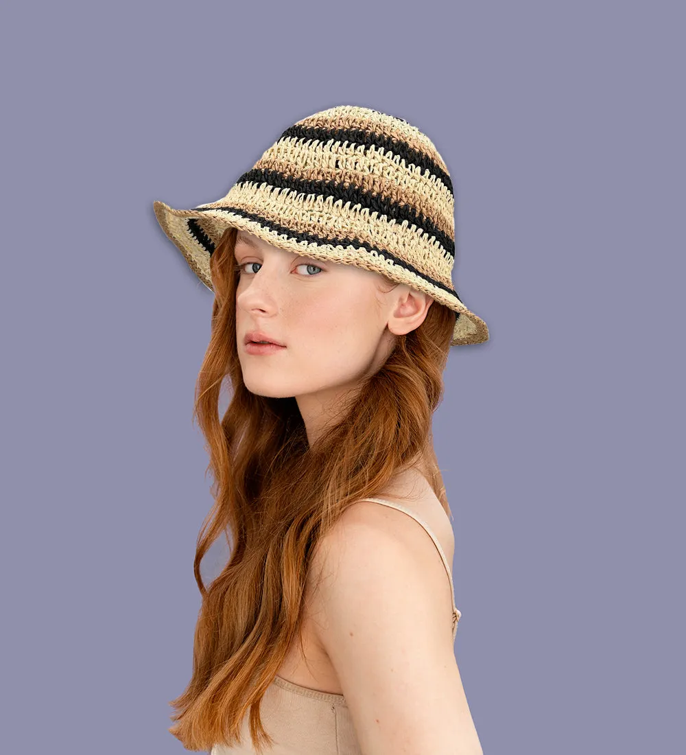 Women Cap Straw Crochet Sun Summer Bowler Foldable Bucket Hat YZH0158