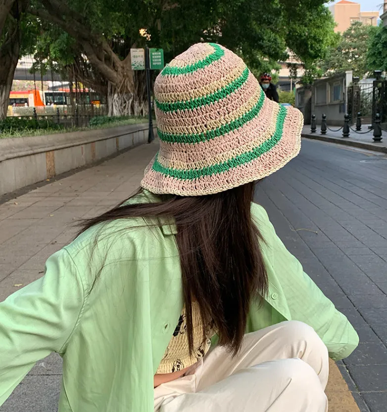 Women Cap Straw Crochet Sun Summer Bowler Foldable Bucket Hat YZH0158