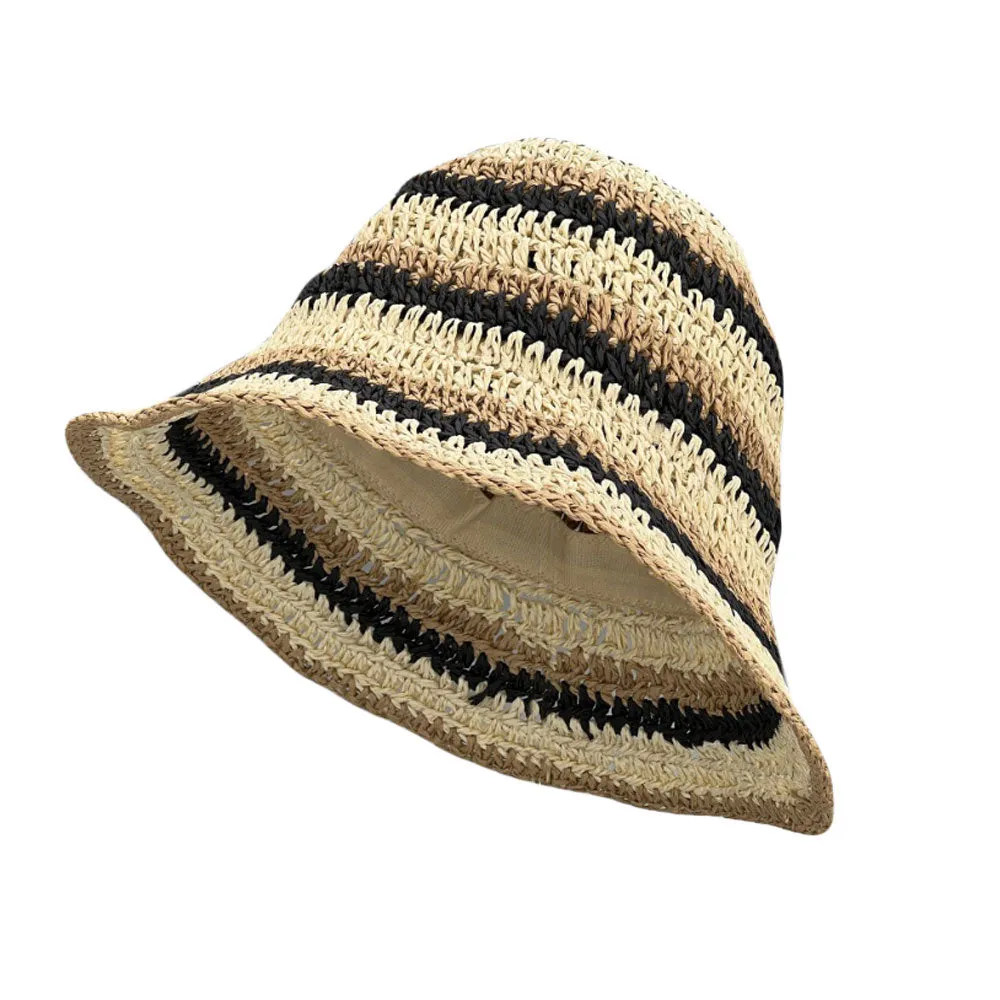 Women Cap Straw Crochet Sun Summer Bowler Foldable Bucket Hat YZH0158